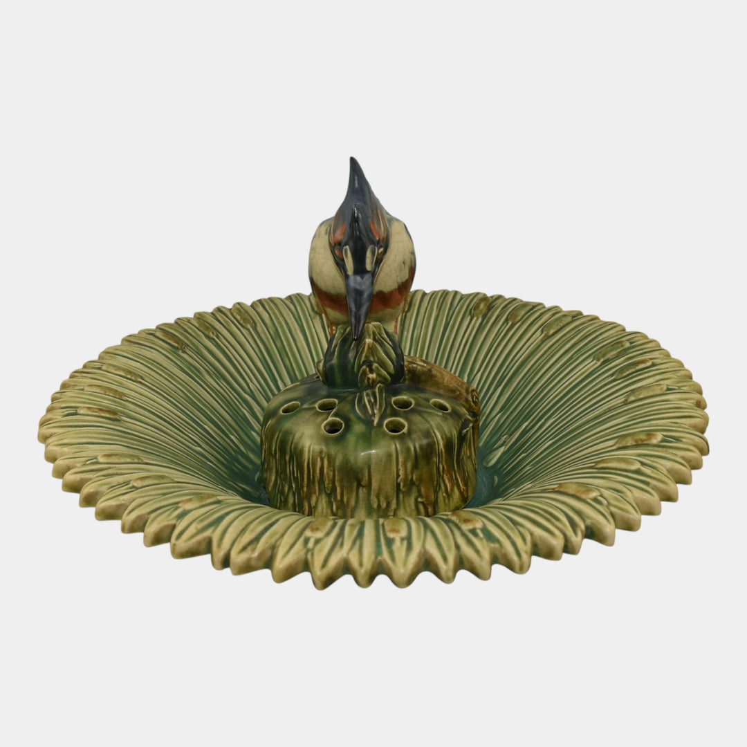 Weller Ardsley 1920s Cattails Green Console Bowl And Kingfisher Flower Frog - Just Art Pottery
