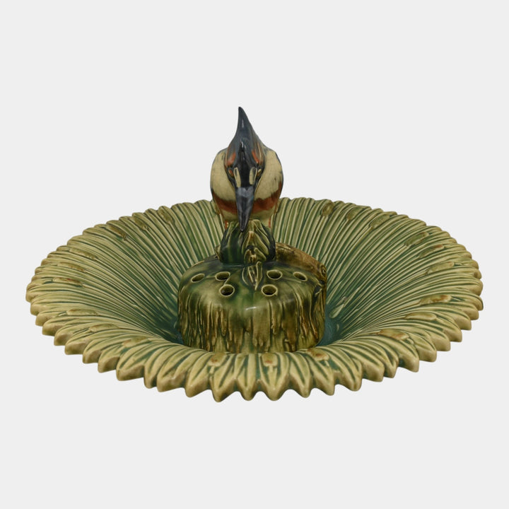 Weller Ardsley 1920s Cattails Green Console Bowl And Kingfisher Flower Frog - Just Art Pottery