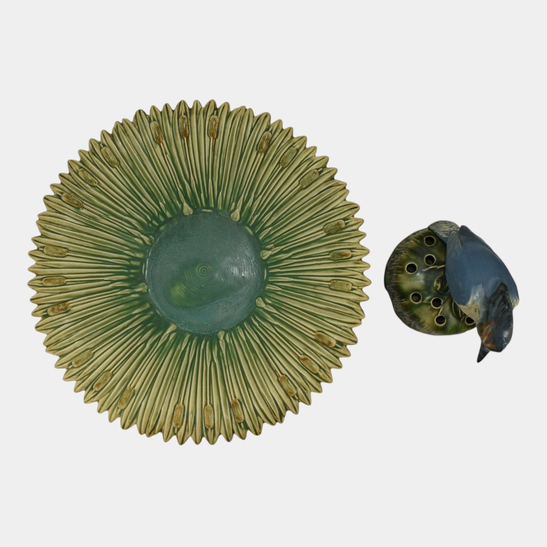 Weller Ardsley 1920s Cattails Green Console Bowl And Kingfisher Flower Frog - Just Art Pottery