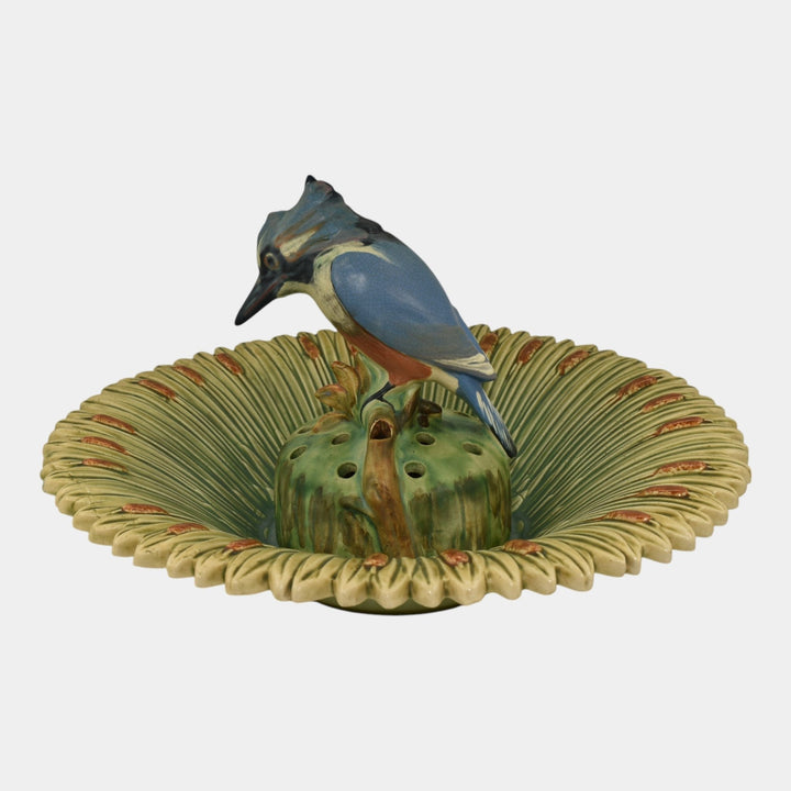 Weller Ardsley 1920s Cattails Green Console Bowl And Kingfisher Flower Frog