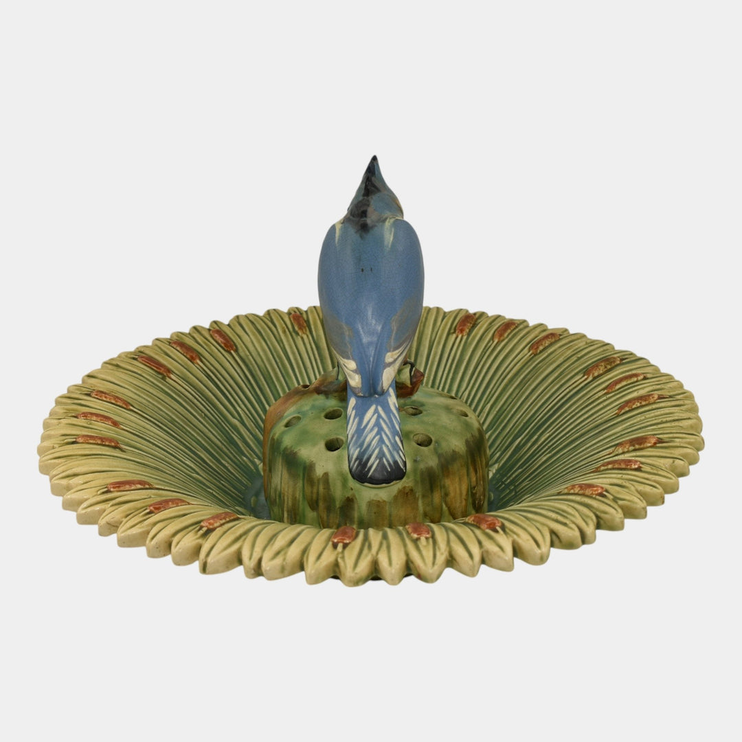 Weller Ardsley 1920s Cattails Green Console Bowl And Kingfisher Flower Frog