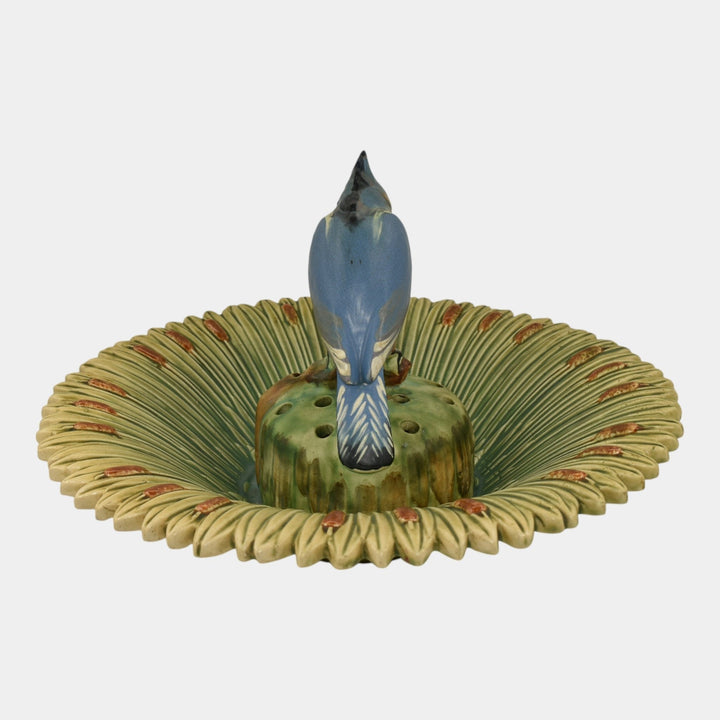 Weller Ardsley 1920s Cattails Green Console Bowl And Kingfisher Flower Frog