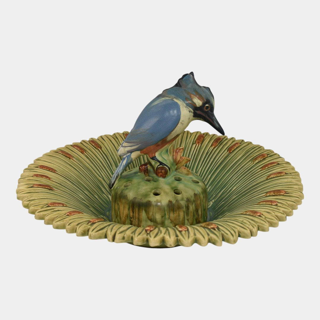Weller Ardsley 1920s Cattails Green Console Bowl And Kingfisher Flower Frog