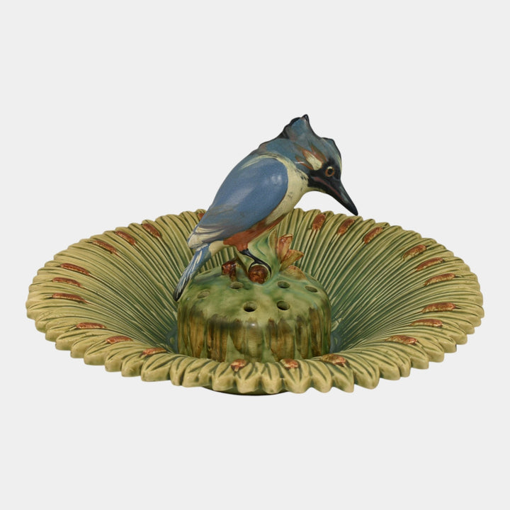 Weller Ardsley 1920s Cattails Green Console Bowl And Kingfisher Flower Frog