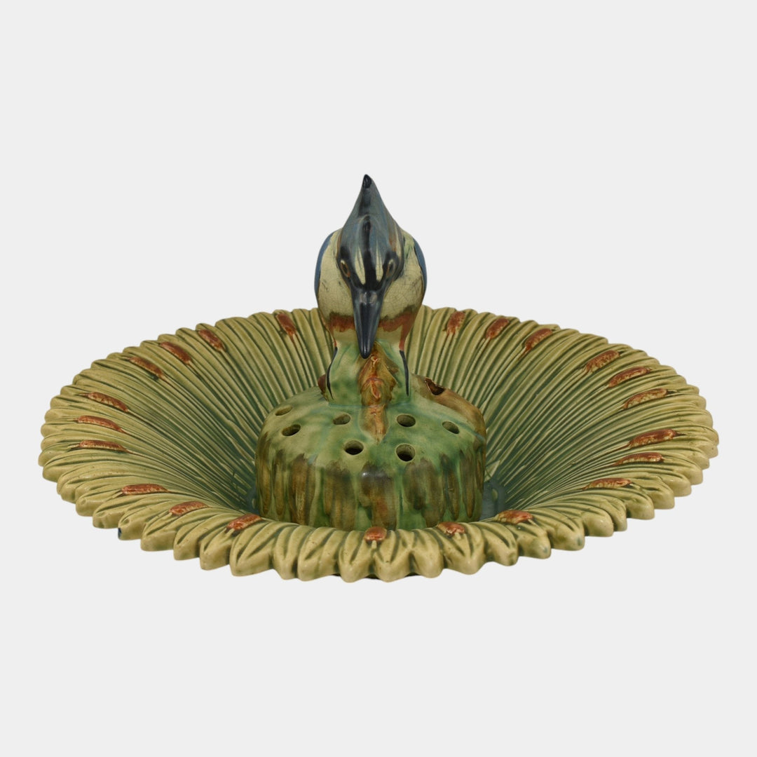 Weller Ardsley 1920s Cattails Green Console Bowl And Kingfisher Flower Frog