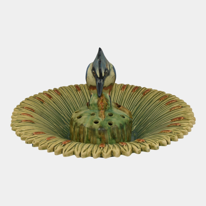 Weller Ardsley 1920s Cattails Green Console Bowl And Kingfisher Flower Frog