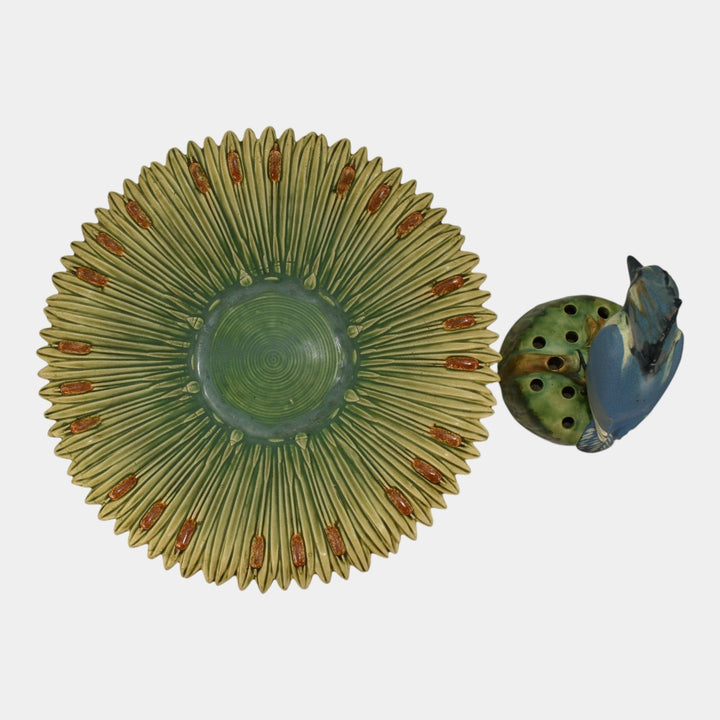 Weller Ardsley 1920s Cattails Green Console Bowl And Kingfisher Flower Frog