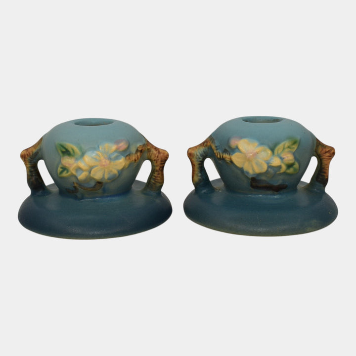 Roseville Apple Blossom Blue 1949 Mid Century Modern Pottery Candle Holders 351