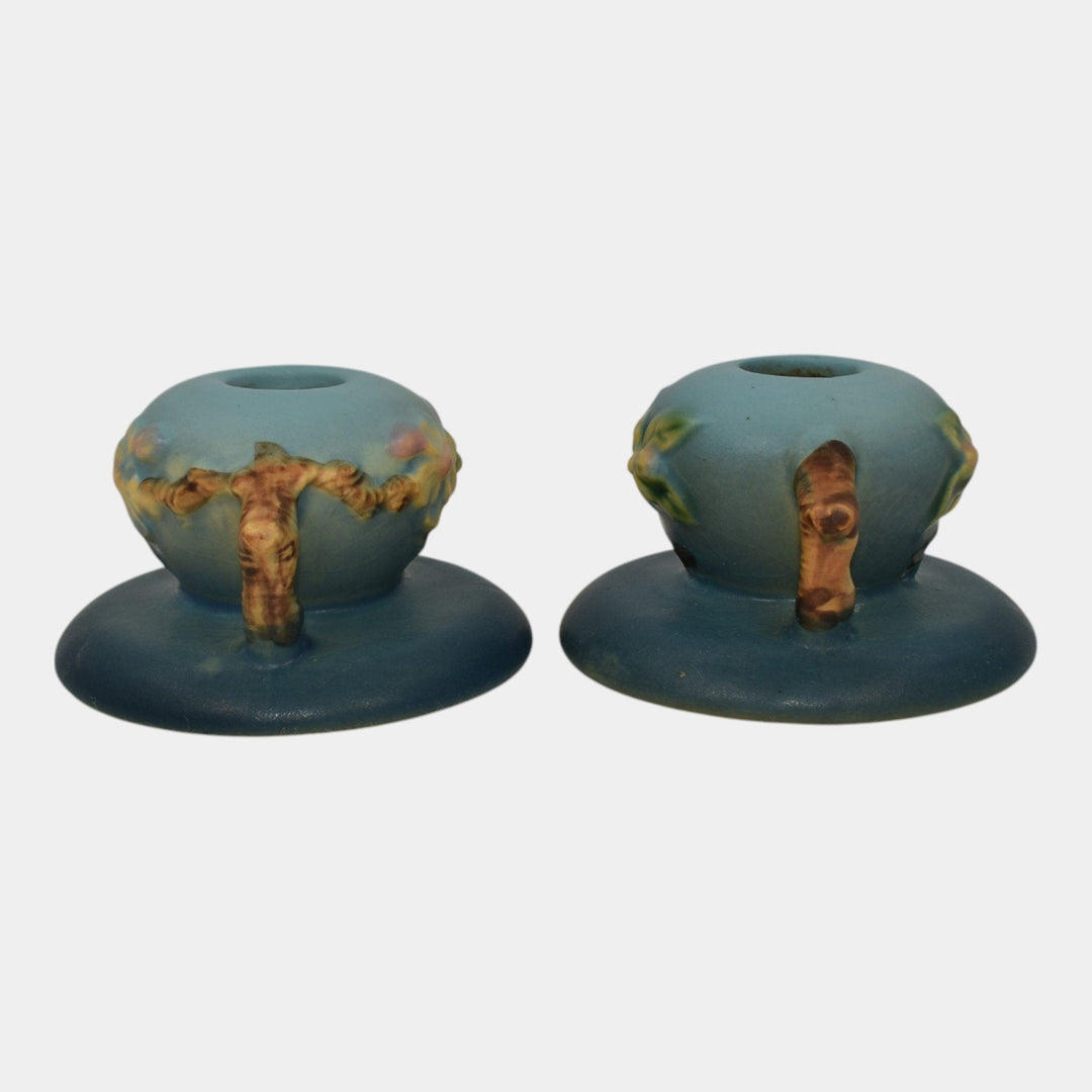 Roseville Apple Blossom Blue 1949 Mid Century Modern Pottery Candle Holders 351