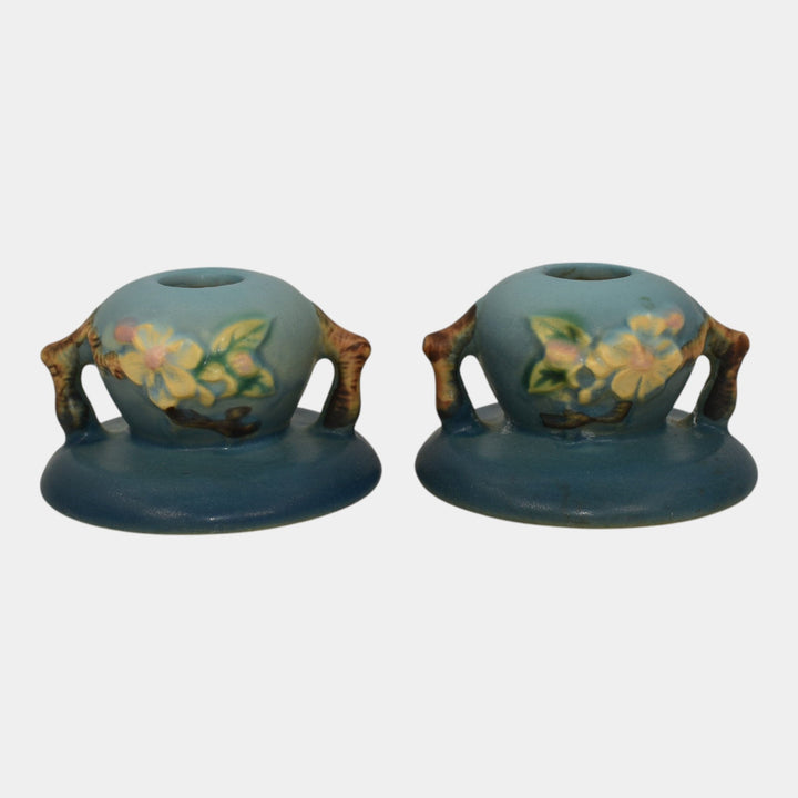 Roseville Apple Blossom Blue 1949 Mid Century Modern Pottery Candle Holders 351