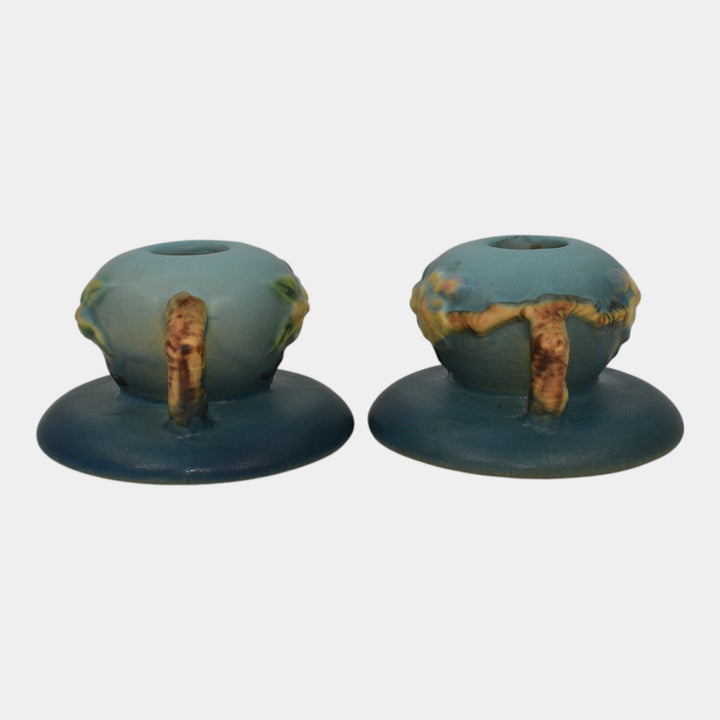 Roseville Apple Blossom Blue 1949 Mid Century Modern Pottery Candle Holders 351