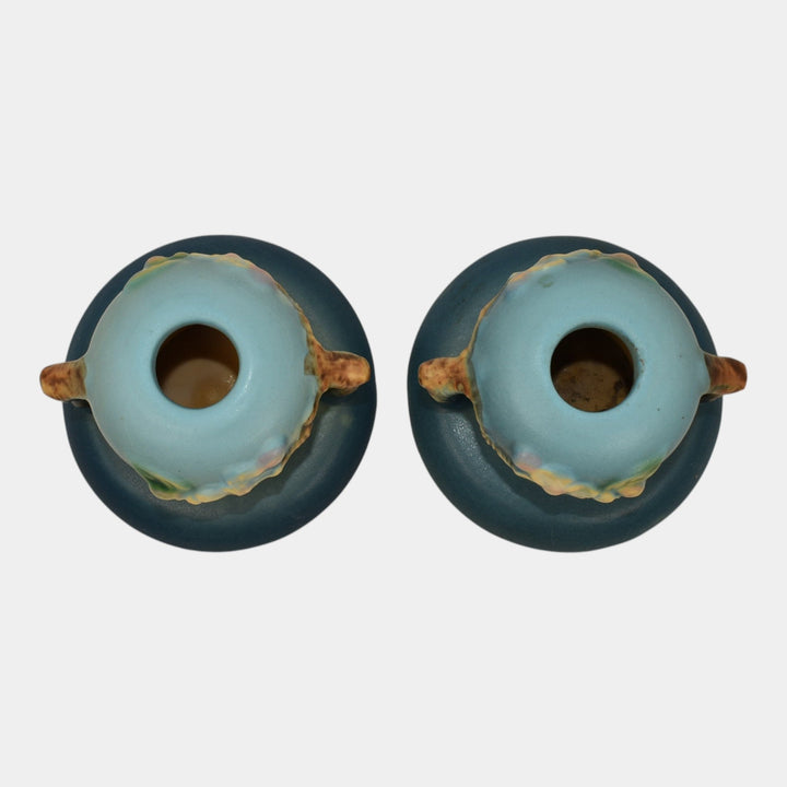 Roseville Apple Blossom Blue 1949 Mid Century Modern Pottery Candle Holders 351
