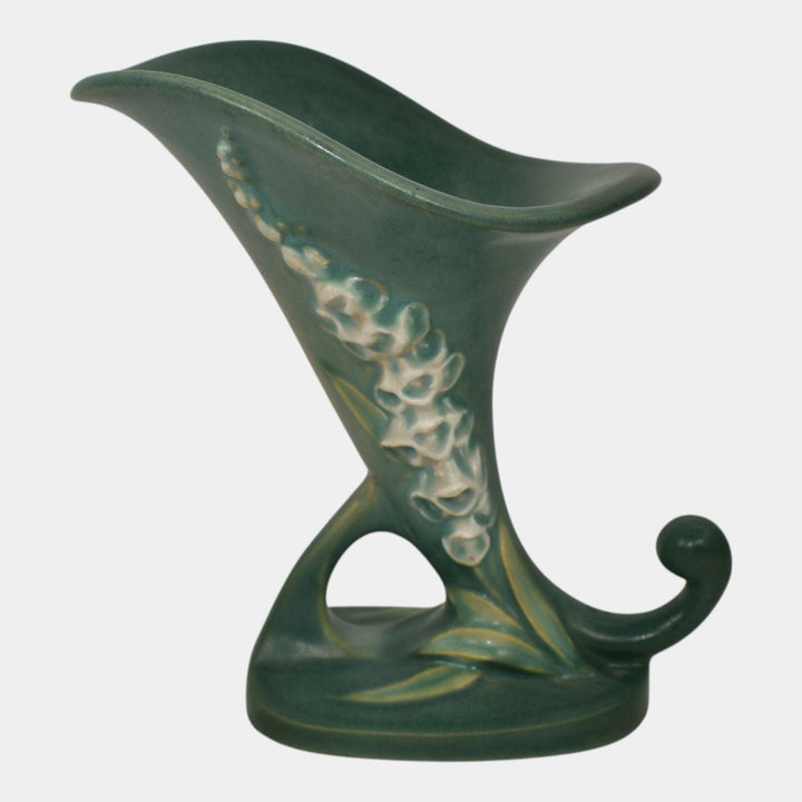 Roseville Foxglove Green 1942 Mid Century Modern Pottery Cornucopia Vase 163-6