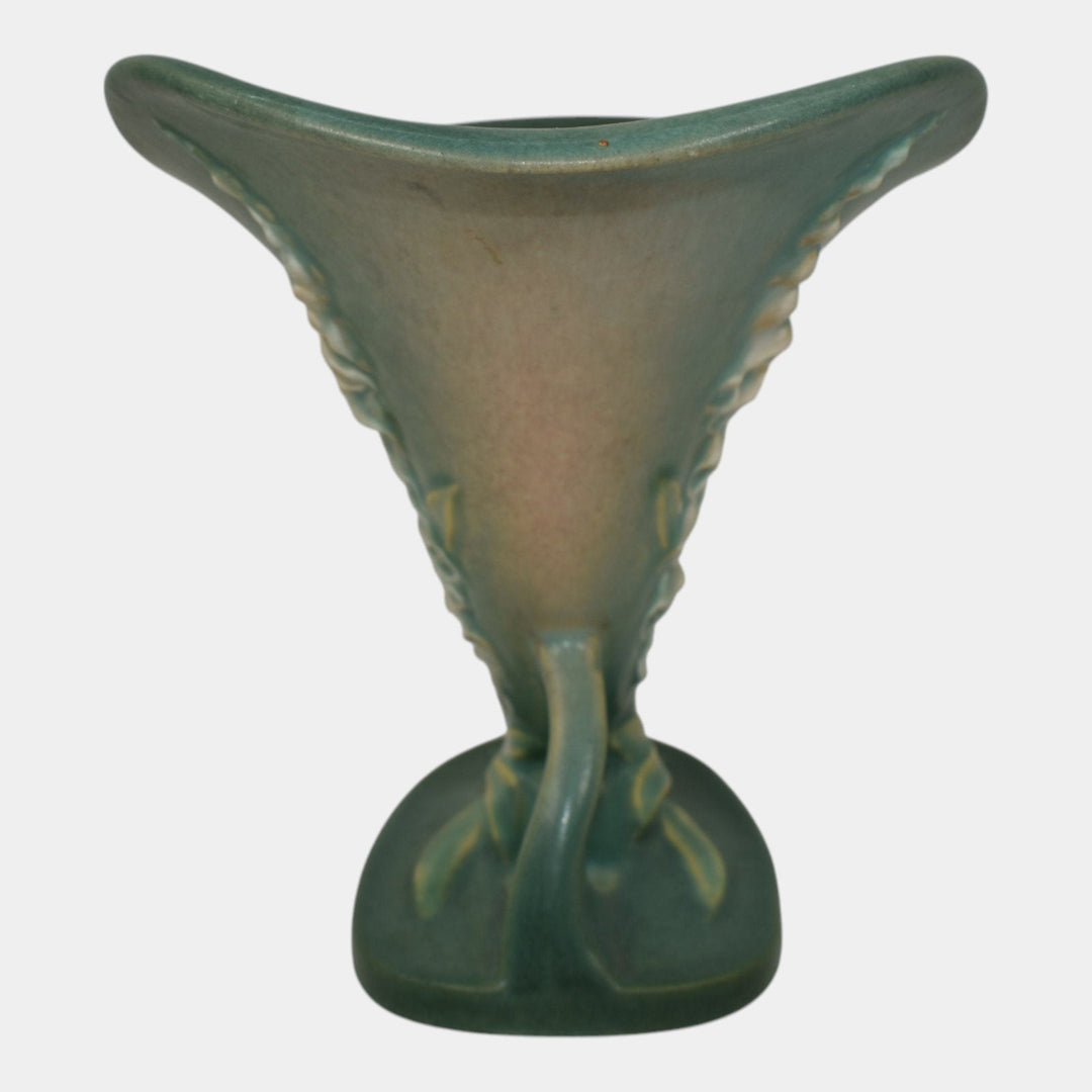 Roseville Foxglove Green 1942 Mid Century Modern Pottery Cornucopia Vase 163-6