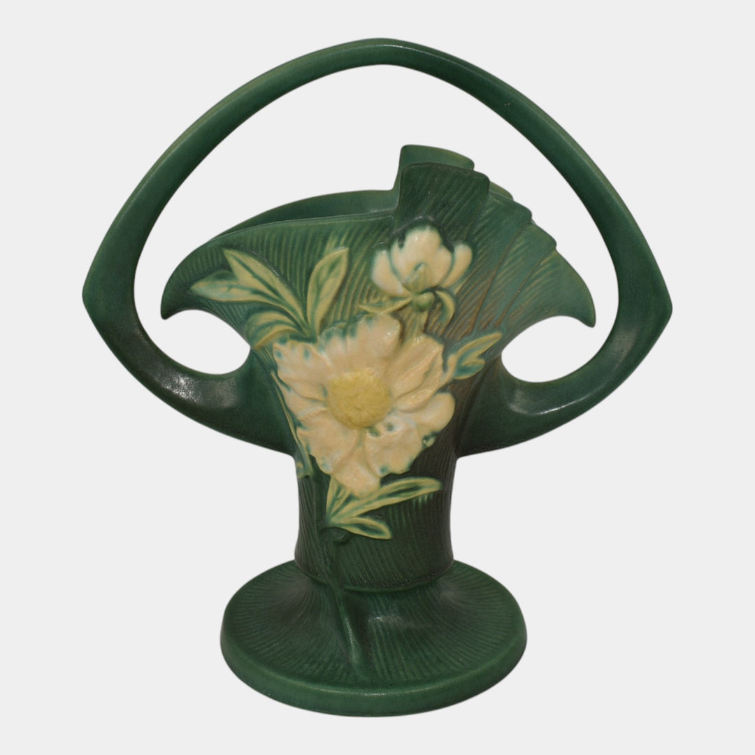 Roseville Peony Green 1942 Mid Century Modern Pottery Ceramic Basket 378-10