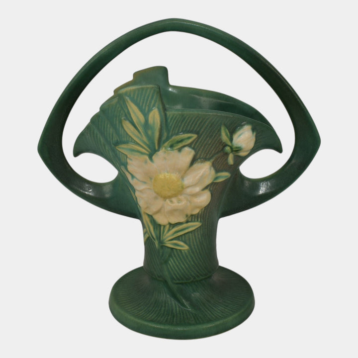 Roseville Peony Green 1942 Mid Century Modern Pottery Ceramic Basket 378-10