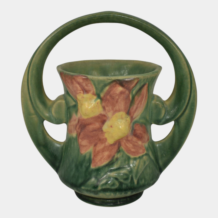 Roseville Clematis Green 1944 Vintage Art Pottery Ceramic Basket 387-7 - Just Art Pottery