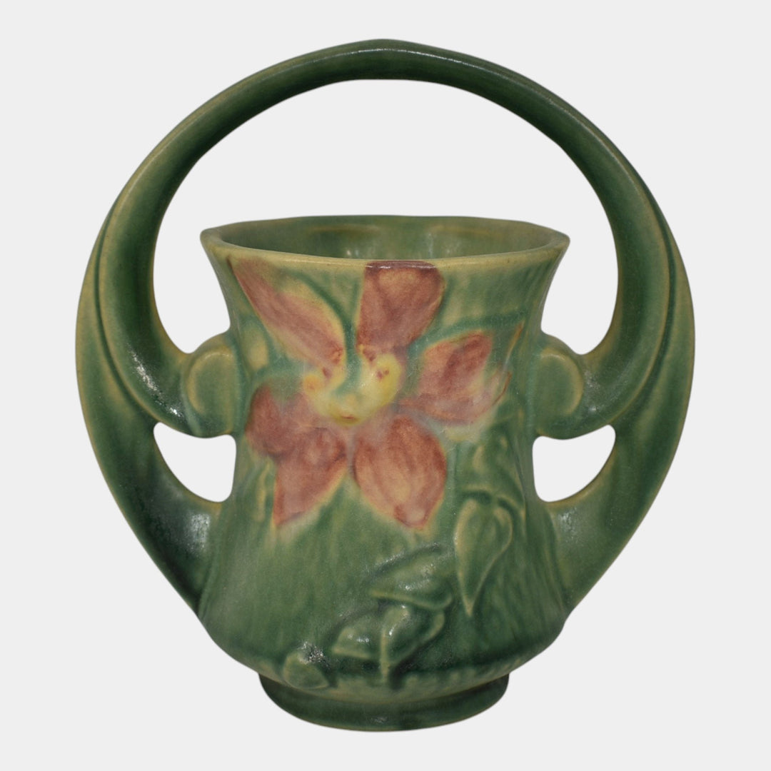 Roseville Clematis Green 1944 Vintage Art Pottery Ceramic Basket 387-7
