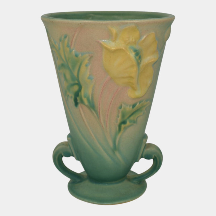 Roseville Poppy Green 1938 Vintage Art Pottery Ceramic Handled Vase 866-6