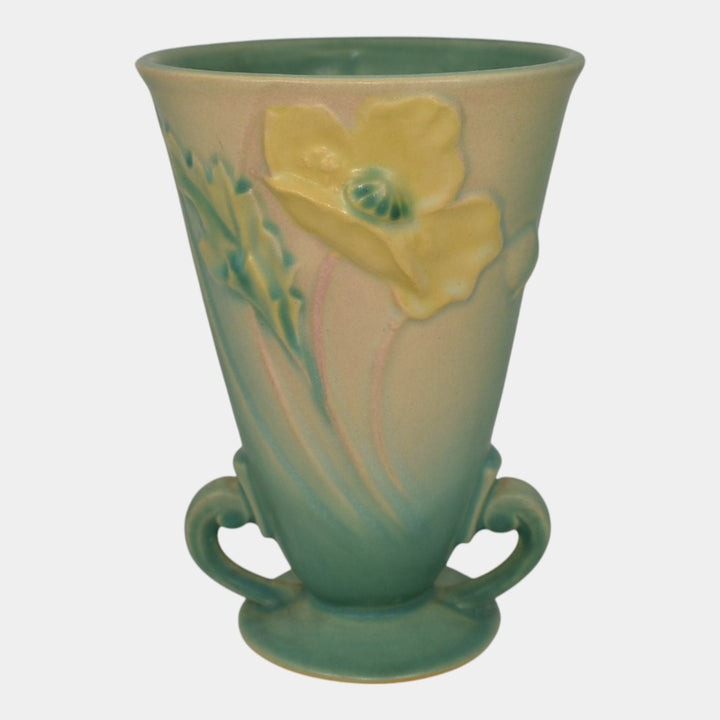 Roseville Poppy Green 1938 Vintage Art Pottery Ceramic Handled Vase 866-6