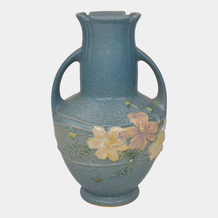 Roseville Cosmos Blue 1939 Vintage Art Pottery Handled Ceramic Flower Vase 946-6