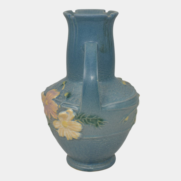 Roseville Cosmos Blue 1939 Vintage Art Pottery Handled Ceramic Flower Vase 946-6