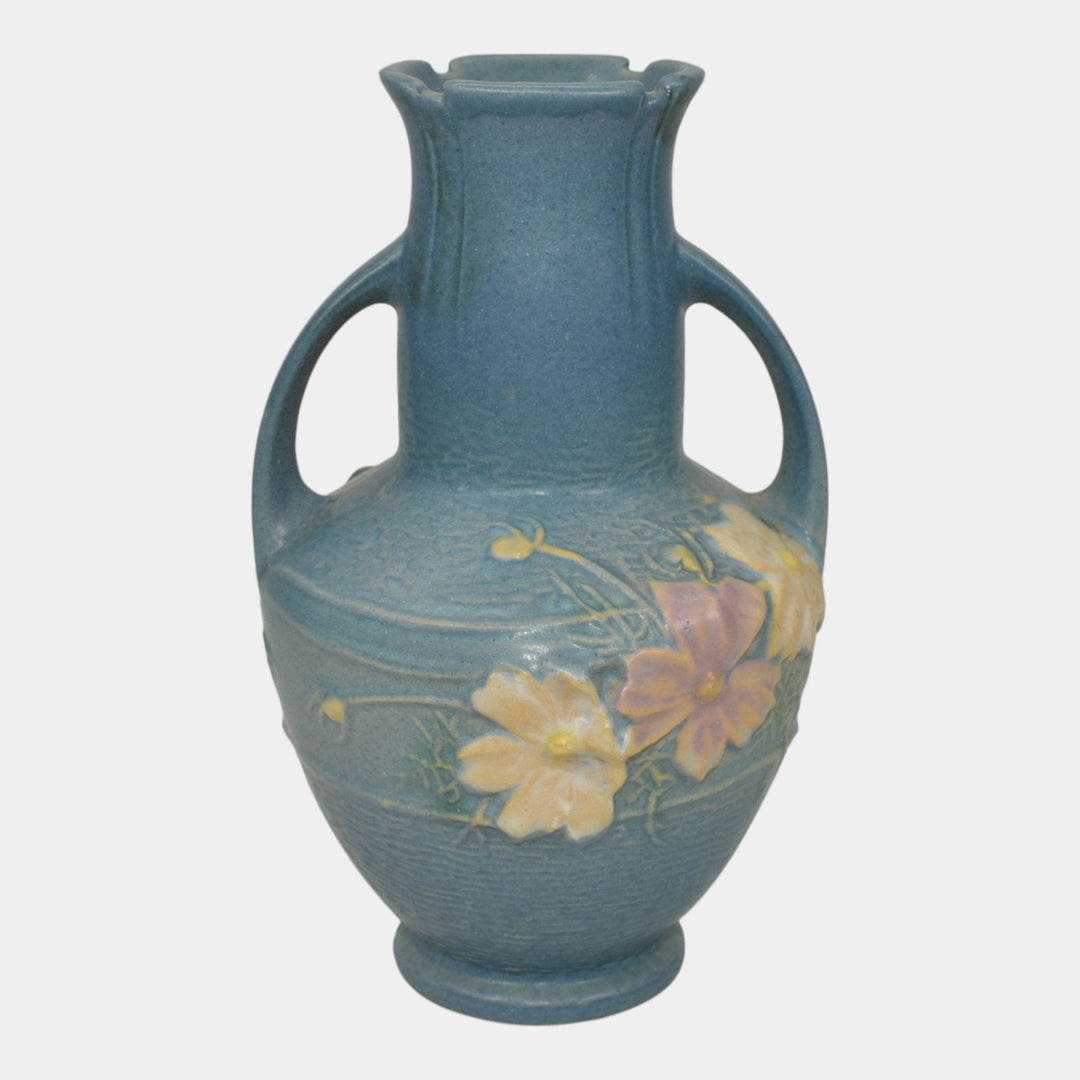 Roseville Cosmos Blue 1939 Vintage Art Pottery Handled Ceramic Flower Vase 946-6