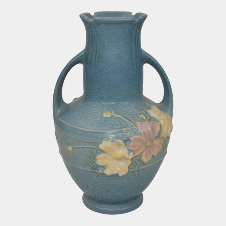 Roseville Cosmos Blue 1939 Vintage Art Pottery Handled Ceramic Flower Vase 946-6