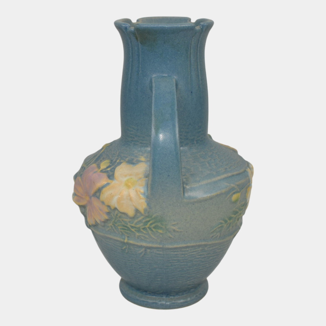 Roseville Cosmos Blue 1939 Vintage Art Pottery Handled Ceramic Flower Vase 946-6