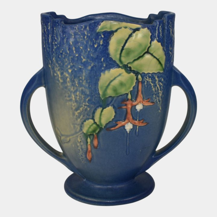 Roseville Fuchsia Blue 1938 Vintage Art Pottery Handled Pillow Vase 896-8
