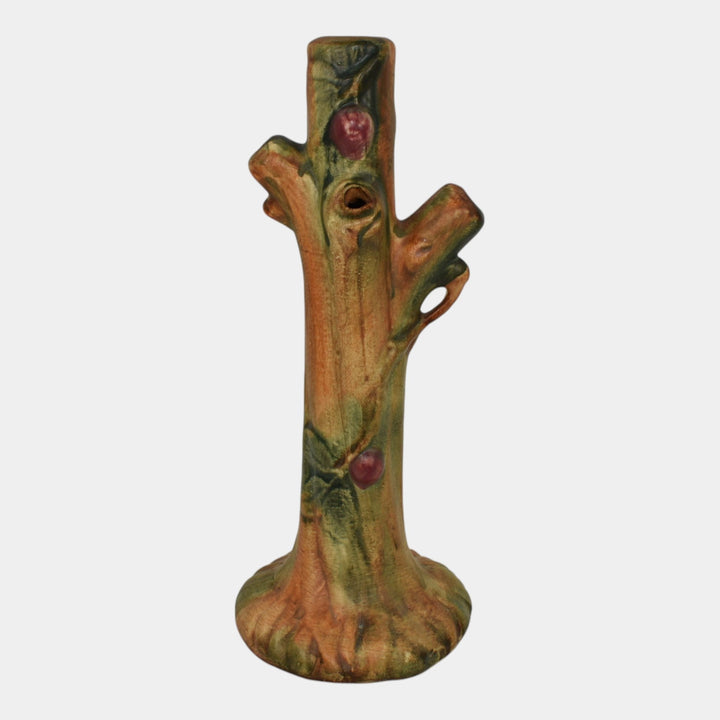 Weller Woodcraft 1920s Vintage Art Pottery Red Apple Tree Brown Ceramic Bud Vase