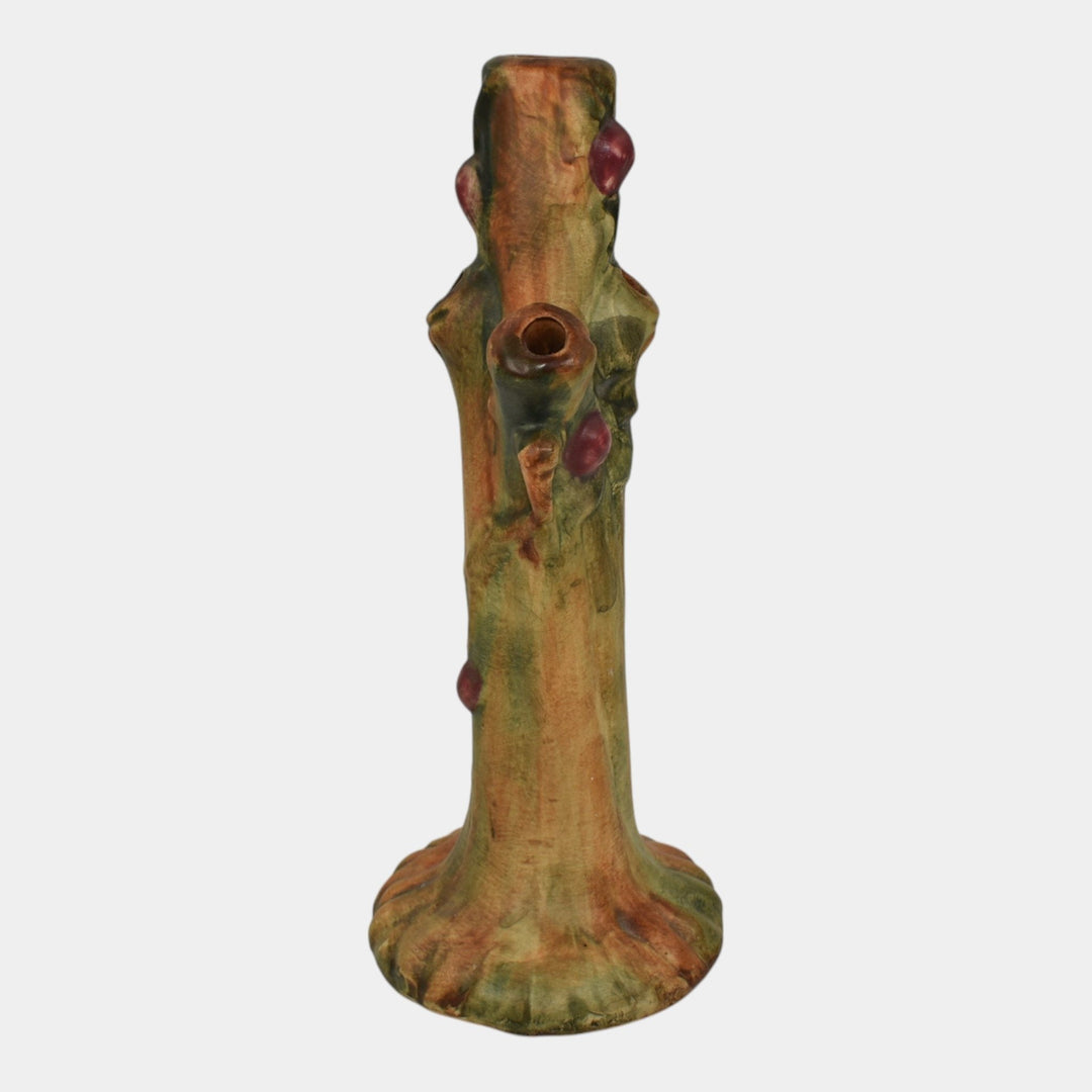 Weller Woodcraft 1920s Vintage Art Pottery Red Apple Tree Brown Ceramic Bud Vase