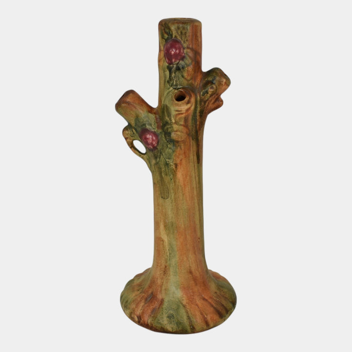 Weller Woodcraft 1920s Vintage Art Pottery Red Apple Tree Brown Ceramic Bud Vase