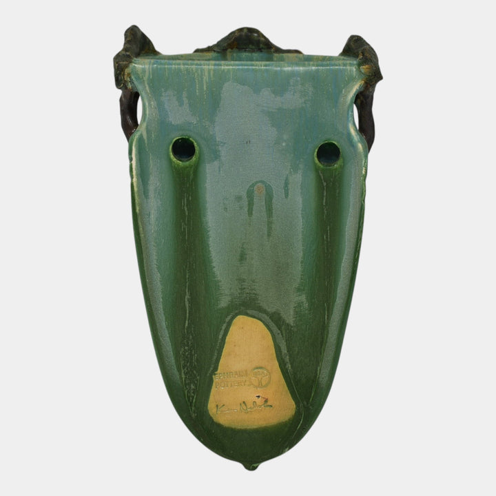 Ephraim Faience 2008 Hand Made Pottery Green Oak Grove Ceramic Wall Pocket B14 - Just Art Pottery
