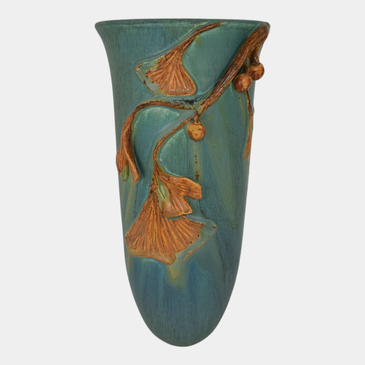 Ephraim Faience 2010 Pottery Experimental Blue Green Ginkgo Ceramic Wall Pocket