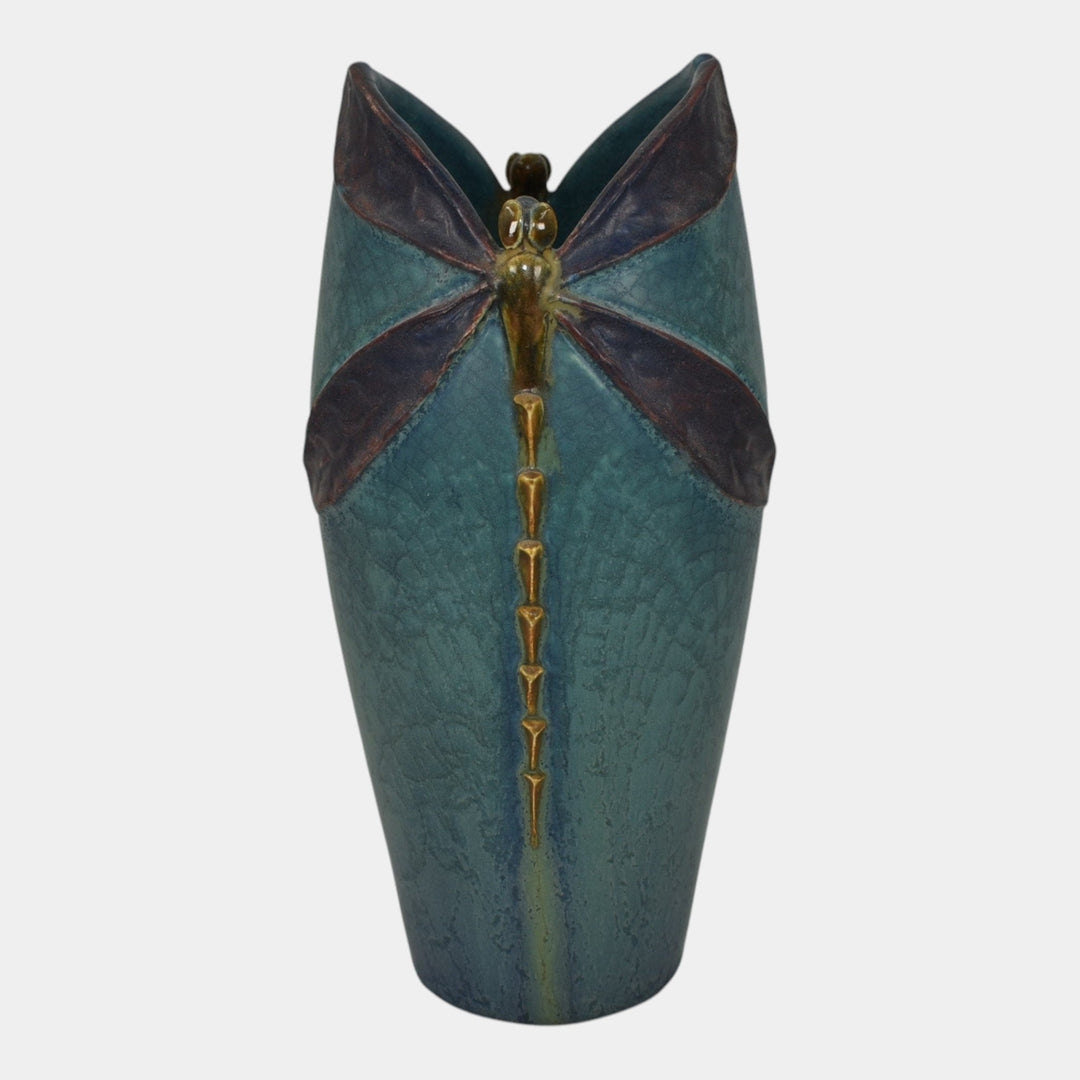 Ephraim Faience 2013 Hand Made Pottery Century Studios Blue Green Dragonfly Vase
