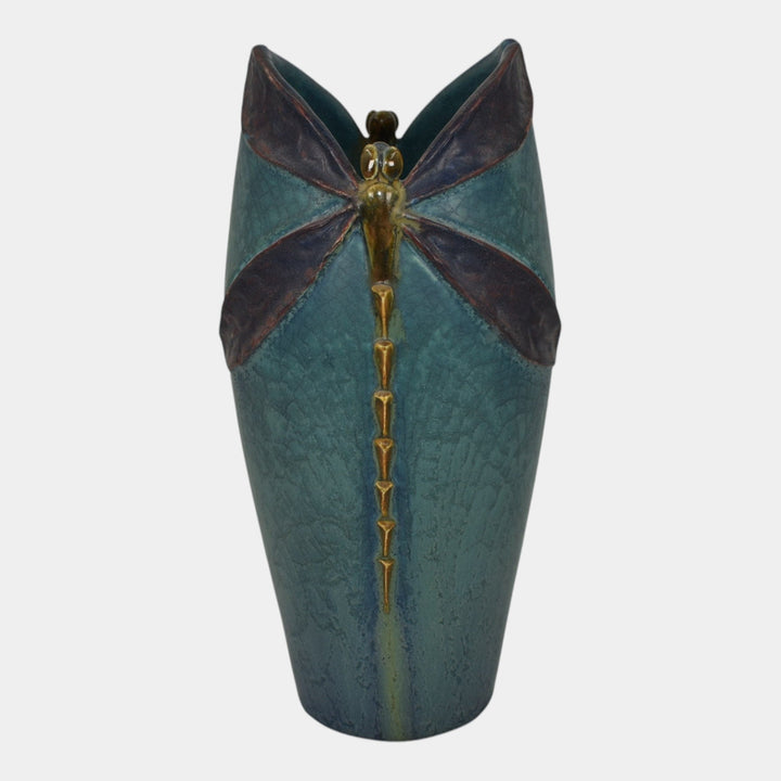Ephraim Faience 2013 Hand Made Pottery Century Studios Blue Green Dragonfly Vase