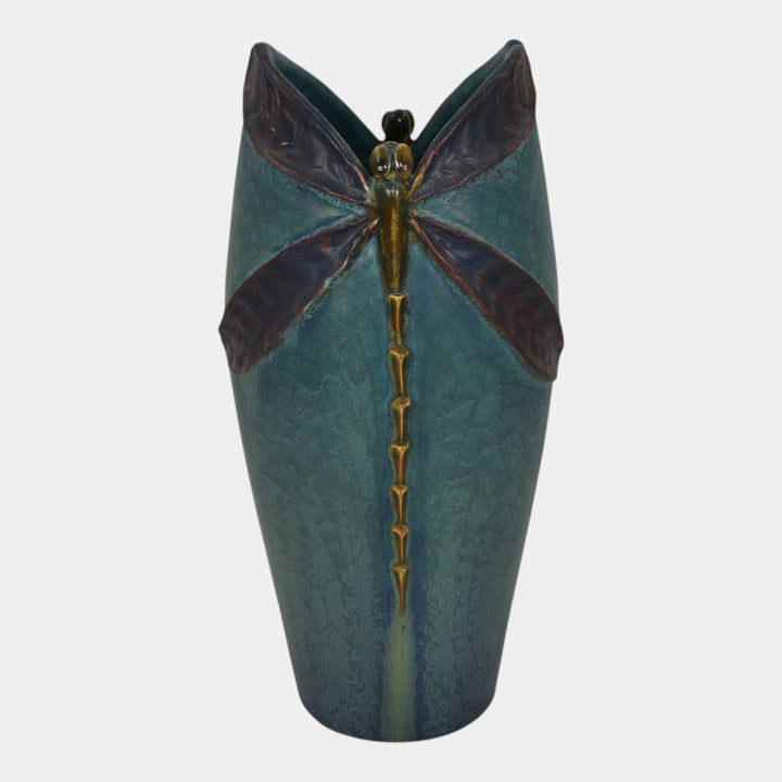 Ephraim Faience 2013 Hand Made Pottery Century Studios Blue Green Dragonfly Vase