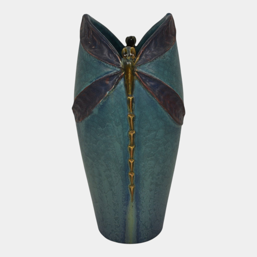 Ephraim Faience 2013 Hand Made Pottery Century Studios Blue Green Dragonfly Vase