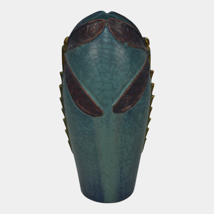 Ephraim Faience 2013 Hand Made Pottery Century Studios Blue Green Dragonfly Vase