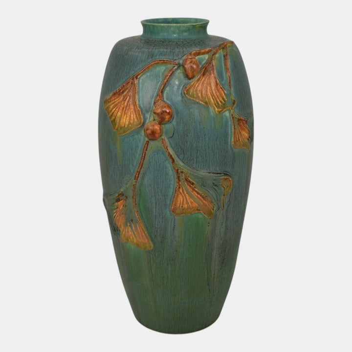 Ephraim Faience 2010 Hand Made Pottery Blue Green Experimental Ginkgo Vase