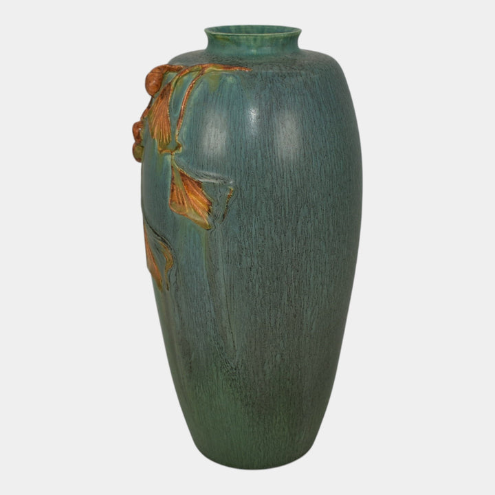 Ephraim Faience 2010 Hand Made Pottery Blue Green Experimental Ginkgo Vase
