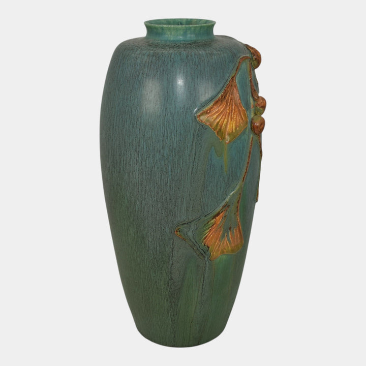 Ephraim Faience 2010 Hand Made Pottery Blue Green Experimental Ginkgo Vase