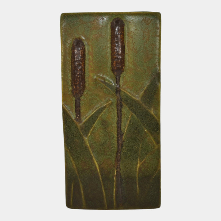 Ephraim Faience 2011 Hand Made Art Pottery Green Marsh Cattail Ceramic Tile F63