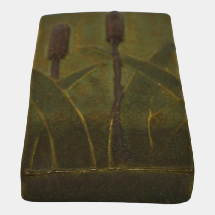 Ephraim Faience 2011 Hand Made Art Pottery Green Marsh Cattail Ceramic Tile F63