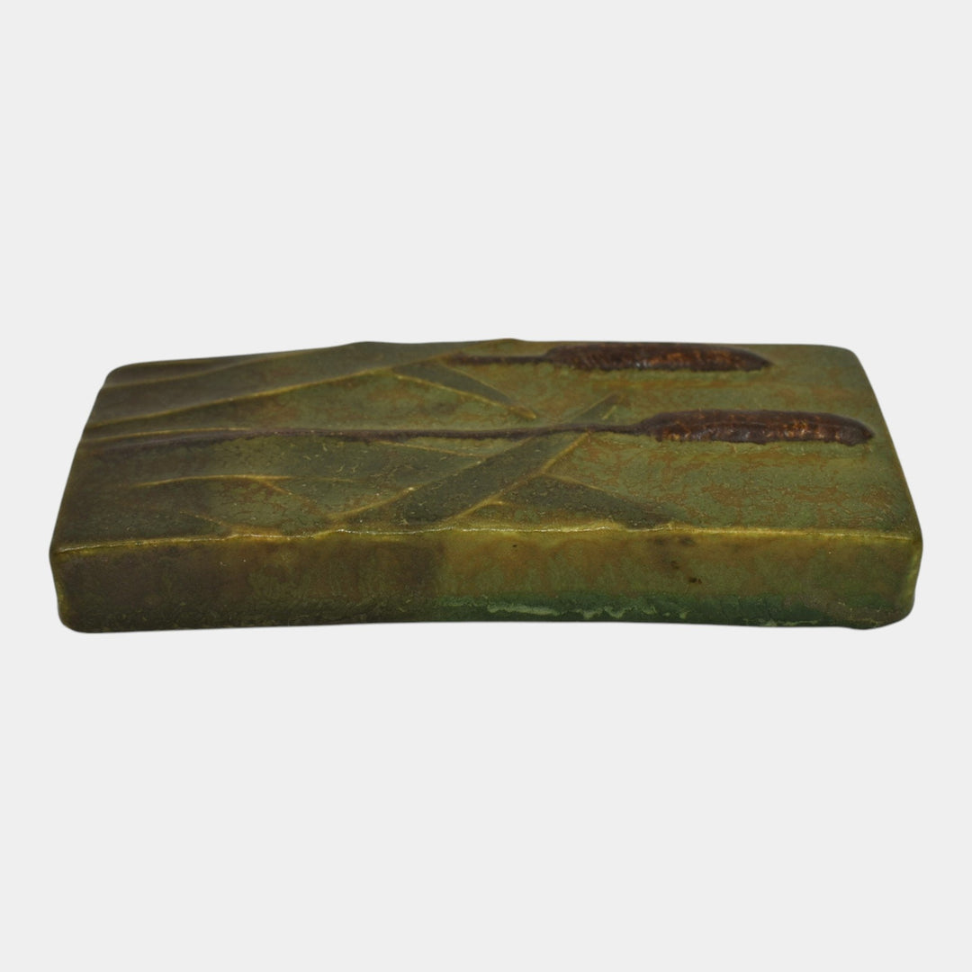 Ephraim Faience 2011 Hand Made Art Pottery Green Marsh Cattail Ceramic Tile F63
