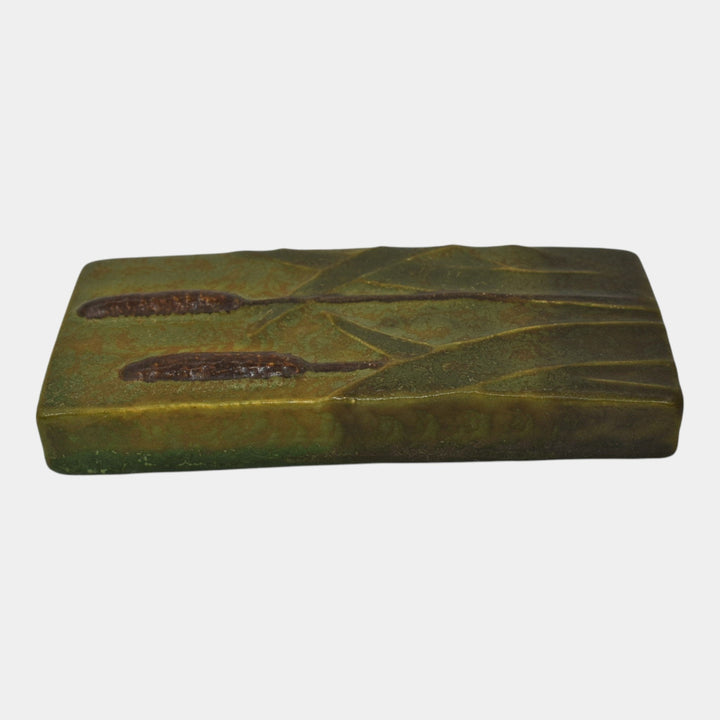 Ephraim Faience 2011 Hand Made Art Pottery Green Marsh Cattail Ceramic Tile F63