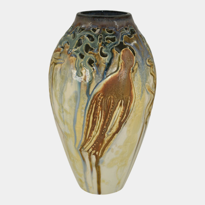 Door Studio Art Pottery Hand Thrown Crystalline Octopus Ceramic Vase Kreigh