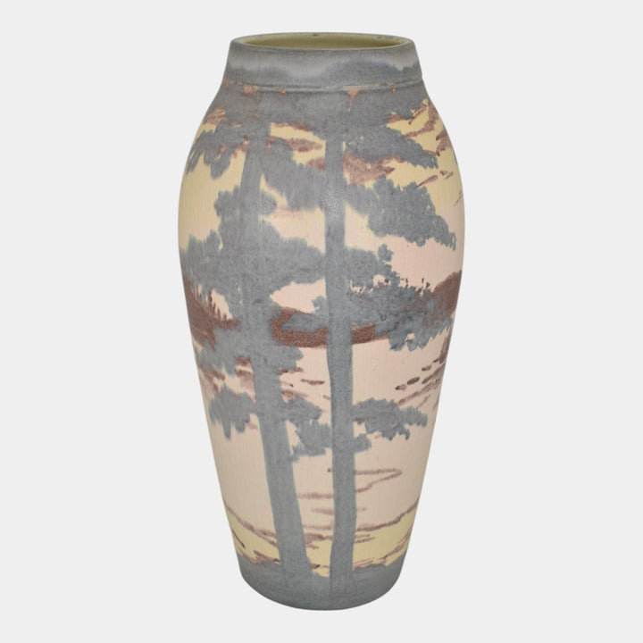 Door Studio Art Pottery Hand Thrown Blue Tan Vellum Ceramic Scenic Vase