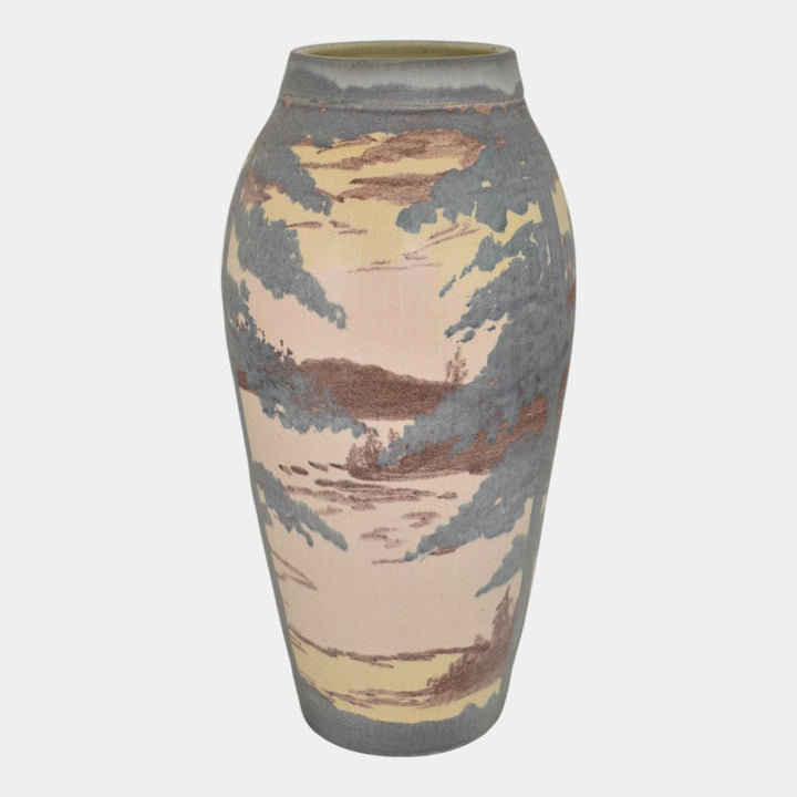 Door Studio Art Pottery Hand Thrown Blue Tan Vellum Ceramic Scenic Vase